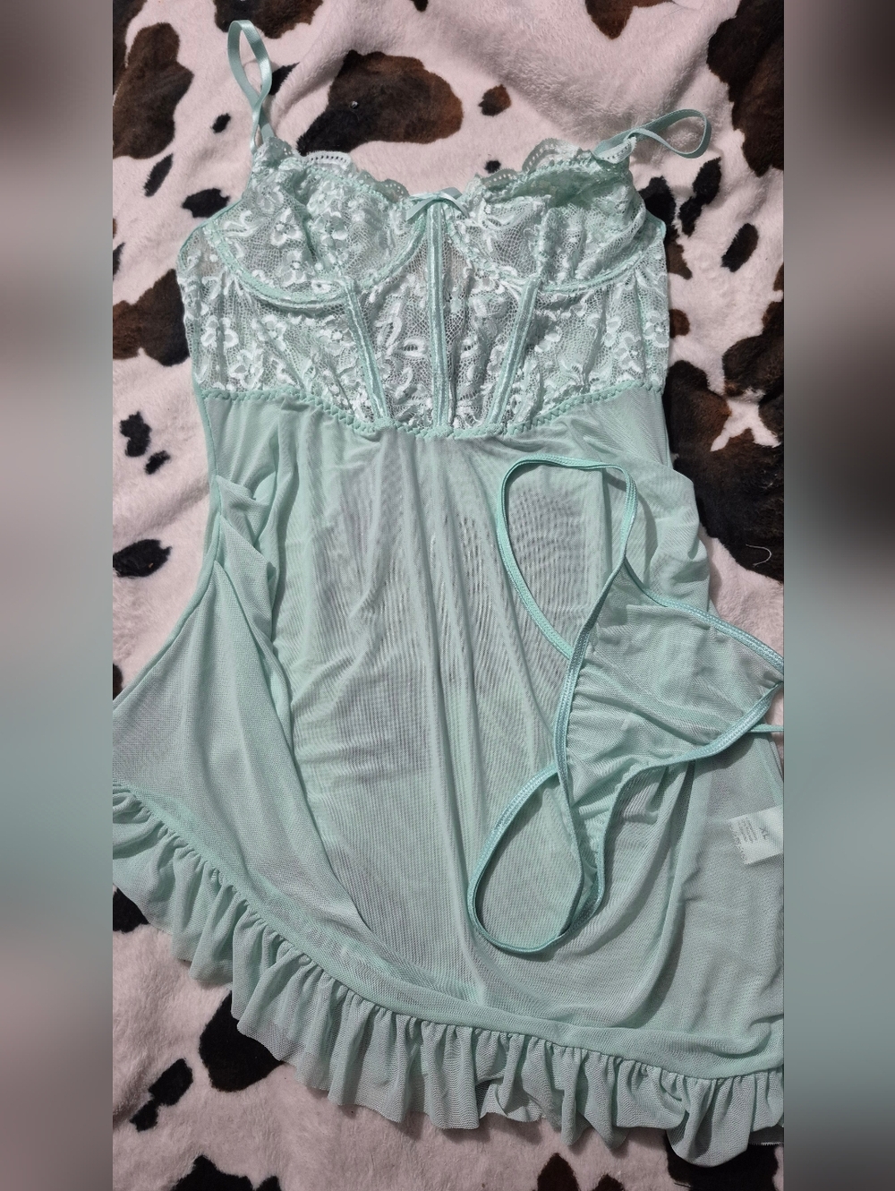 Mint Green Lace Chemise With Matching Thong XL